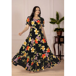                       Fancy Flair Women Black Short Sleeve Printed Fit  Flare Dress                                              