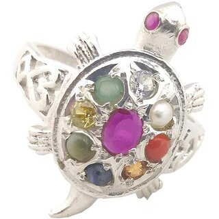 100 NATURAL NAVRATAN STONES TORTOISE SHAPE PURE 92.5 SILVER ADJUSTABLE RING 100 NATURAL NAVRATAN STONES TORTOISE SHAPE PURE 92.5 SILVER ADJUSTABLE RING