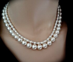 Techiefox Luxurious Double-Strand Faux Pearl Necklace for Women  Elegant Layered Pearl Choker with Crystal Accents
