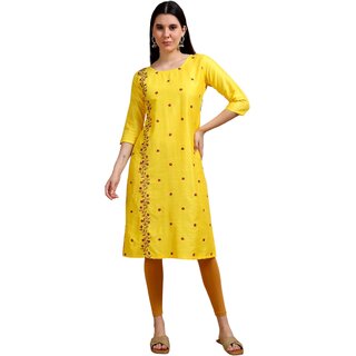                       JADIIDA Beautiful Embroidery Women Printed Khadi Cotton A-line Kurta  (Yellow)                                              