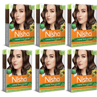                       Nisha Creme Hair Color for Women - Dark Brown, 20g+20ml Box, Long-lasting, 100 Grey Coverage (Pack OF 6)                                              