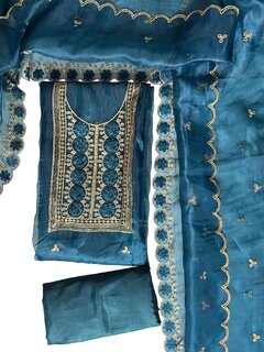 Elegant Teal Unstitched Suit with Floral Embroidery and Matching Dupatta