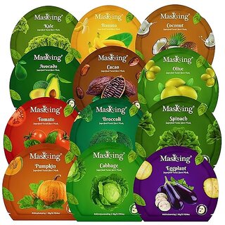                       Masking Superfood Sheet Mask  Natural Face Sheet Mask  Face Serum Mask for Women Combo 12 (Each 20g Pack)                                              