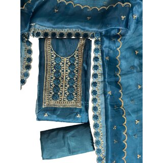                       Elegant Teal Unstitched Suit with Floral Embroidery and Matching Dupatta                                              
