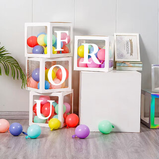                       Balloon Box Four White 4 Transparent Balloon Boxes for Party Decoration Birthday baby Kids Party Supplies                                              