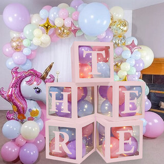                      Balloon Box Three Pink  3 Transparent Balloon Boxes for 3rd Birthday Decoration                                              