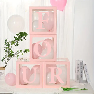                       Fun Town Bubble Balloon Box FOUR  Pink  4th Birthday Decoration Kit for Baby Girl  Pack of 4 Boxes                                              