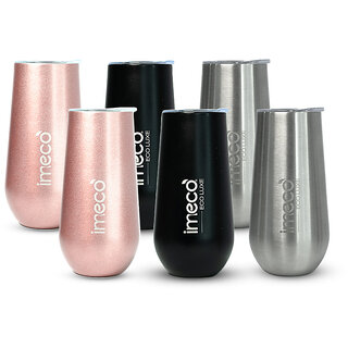                       IMECO ECO LUXE Stainless Steel Wine Tumbler 300 ml, Set of 6 (Silver, Black, Rose Gold)  BPA-Free, Leak-Proof, Travel                                              