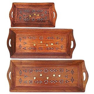                       Crafts Collection Store Wooden Coffee Tray Set of 3 Hand Carved Brass and Wooden Serving Tray (Tea Coffee Snacks Water) Decorative/Platter for Home/Kitchen/Table Decor Brown                                              
