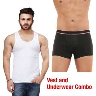                       (Combo of 2) Printcultr Men Solid White Vest With Black Cotton Trunk                                              