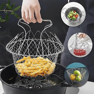 Foldable Food Deep Frying Basket for Kitchen Multifunctional Cooking Steam Rinse Deep Frying Stainless Steel Basket Strainer Net Fried Filter Drainage Rack for Fried Food or Fruits (Pack Of 1) Foldable Food Deep Frying Basket for Kitchen Multifunctional Cooking Steam Rinse Deep Frying Stainless Steel Basket Strainer Net Fried Filter Drainage Rack for Fried Food or Fruits (Pack Of 1)