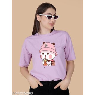                       Wexam Style Women Lavender Printed Round Neck Short Sleeve Top                                              