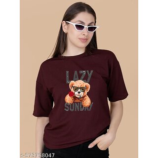                       Wexam Style Women Maroon Printed Round Neck Short Sleeve Top                                              