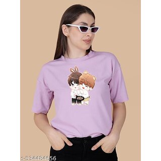                       Wexam Style Women Lavender Printed Round Neck Short Sleeve Top                                              