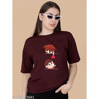                       Wexam Style Women Maroon Printed Round Neck Short Sleeve Top                                              