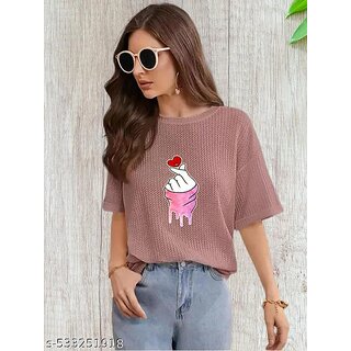                       Wexam Style Women Pink Printed Round Neck Short Sleeve Top                                              