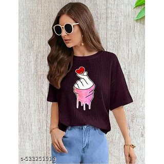                       Wexam Style Women Maroon Printed Round Neck Short Sleeve Top                                              