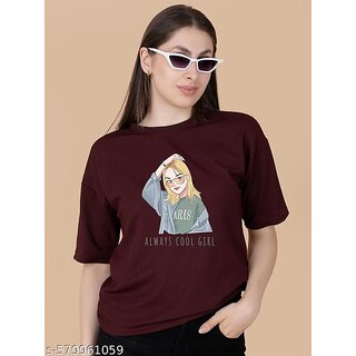                      Wexam Style Women Maroon Printed Round Neck Short Sleeve Top                                              