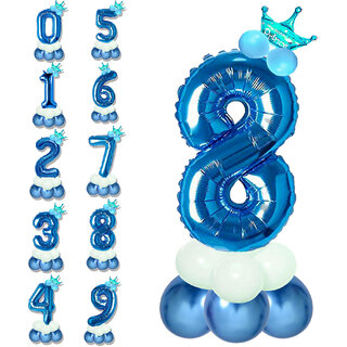                       Birthday & Anniversary Party Decoration Kids Toy Pastel Balloons,Crown With Blue 8/Eight Number Foil Balloons Combo Set                                              
