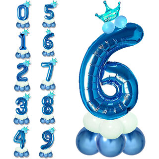                       Birthday & Anniversary Party Decoration Kids Toy Pastel Balloons,Crown With Blue 6/Six Number Foil Balloons Combo Set                                              