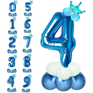                       Birthday & Anniversary Party Decoration Kids Toy Pastel Balloons Crown With Blue 4/Four Number Foil Balloons Combo Set                                              