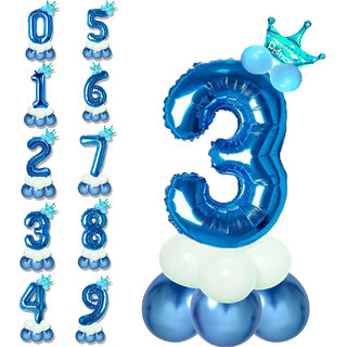                       Birthday & Anniversary Party Decoration Kids Toy Pastel Balloons Crown With Blue 3/Three Number Foil Balloons Combo Set                                              