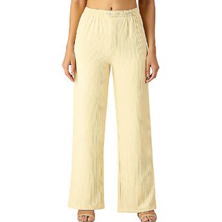                       Chic and Comfortable Light Yellow Ribbed Palazzo Pants for Women - Stylish Wide Leg Trousers Perfect for Casual Outings and Relaxed Days                                              