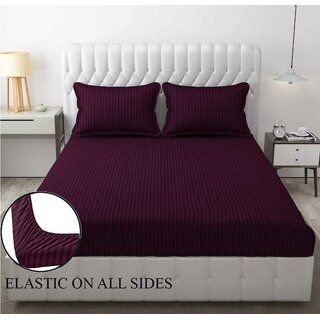 Queen Size Striped Elastic Fitted Bedsheet with Two Pillow Covers (Purple) Queen Size Striped Elastic Fitted Bedsheet with Two Pillow Covers (Purple)