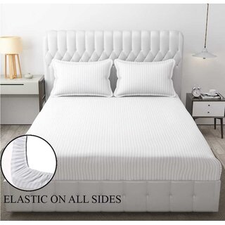                       Queen Size Striped Elastic Fitted Bedsheet with Two Pillow Covers (White)                                              