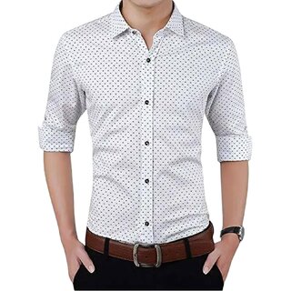                       Men's Modern Fit Casual Shirt with Timeless White and Black Polka Dots - Perfect for Any Occasion, Stylish Long Sleeves, Includes Brown Belt for a Complete Look                                              