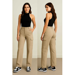                       UFC Collection Women Regular Fit Beige Pure Cotton Trousers                                              