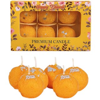 Tiny Shiny Motichoor ladoo Shape Soy Wax Candles for Diwali , Festive Gifting Candle, Yellow, Pack of 6 Tiny Shiny Motichoor ladoo Shape Soy Wax Candles for Diwali , Festive Gifting Candle, Yellow, Pack of 6
