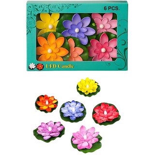                       Tiny Shiny Floating Smokeless Lotus Flowers Sensor Led Candle for fastival decoration Candle Multicolor, Pack of 6                                              