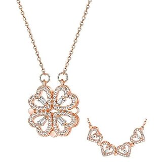 AD Diamond Nug Studed Rose Gold Multi Wearing Magnetic Four Leaf Clover Heart Design Necklace Pendant Locket with chain AD Diamond Nug Studed Rose Gold Multi Wearing Magnetic Four Leaf Clover Heart Design Necklace Pendant Locket with chain