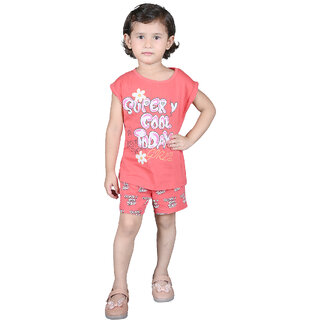                       Kid Kupboard Cotton Girls T-Shirt and Short Set, Red, Half-Sleeves, 6-7 Years KIDS7849                                              