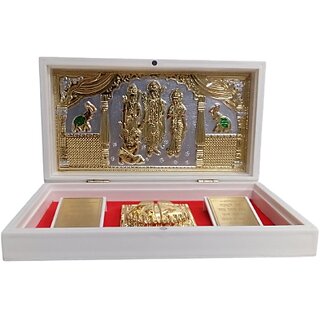                       Gold Plated Ram Darbar Idol Frame Charan Paduka Box  For Pooja Decorative Showpiece - 14 cm (Wood, White)                                              