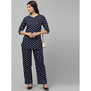                       Sands Apparel Navy, White Graphic Print Polyester Co-Ords Set For Women                                              