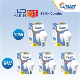                       Glister 2BHK Combo-(2pc 12W LED Bulb+ 3pc 9W LED Bulb) Pack of 5                                              