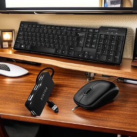 Wireless Ergonomic Keyboard and Mouse Combo with USB Hub - Sleek Black Office Set