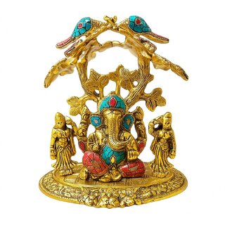 Tiny Shiny Lord Ganesha Metal Statue of Under Tree with Riddhi Siddhi and Peacock for home decor, Living Room, Pooja Tiny Shiny Lord Ganesha Metal Statue of Under Tree with Riddhi Siddhi and Peacock for home decor, Living Room, Pooja
