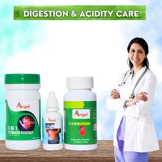                       ANGEL Digestion  Acidity Combo  3-in-1 Powder 100g, Drops 30ml  60 Tabs  With Sudh Kuchla, Nilgiri Oil  Ashwagandha                                              