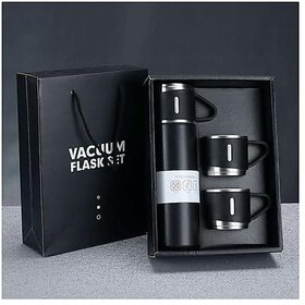 Stainless Steel 500ml Vacuum Flask Set with 2 Cups  Double Wall Insulated Bottle, Premium Gift Pack (Assorted Colors)