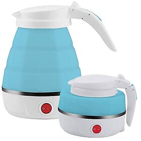 Travel Folding Electric Kettle Fast Boiling Beautiful Design Collapsible Portable 600Ml Boil Dry Protection 100-240V Food Grade Silicone Foldable Kettle (White Blue) - 600 Watt