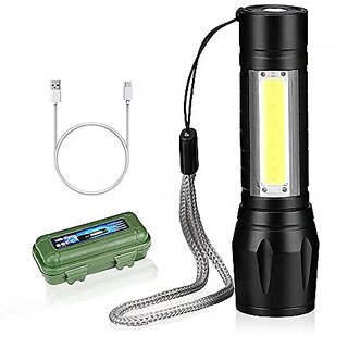                       High LED Flashlight with COB Light Mini Waterproof Portable LED XPE COB Flashlight USB Rechargeable 3 Modes Light Flashlight with Hanging Rope (Multicolor) Metal 500 Lumens_HN_51                                              