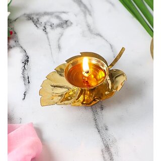Two (2) Brass Leaf Design Diya, Decorative Oil Lamp for Diwali Decoration, puja Room