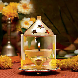                       Brass Akhand Diya for Puja with Borosilicate Glass Cover Brass Table Diya  (Height: 5 inch)                                              