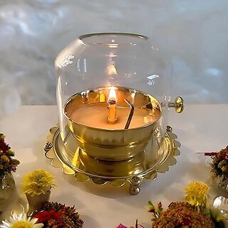 Ani Divine Golden Brass Akhand Diya Oil Lamp with Lifting Screw Wick Holder Borosilicate Glass Cover, Lid for Jyoti Lighting, Diwali, Navratri Celebrations Ani Divine Golden Brass Akhand Diya Oil Lamp with Lifting Screw Wick Holder Borosilicate Glass Cover, Lid for Jyoti Lighting, Diwali, Navratri Celebrations