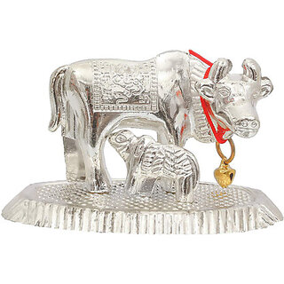                       Kamdhenu Cow and Calf Statue for Good Luck,Vastu,Religious Gau Mata idol Decorative Showpiece - 5 cm  (Metal, Silver)                                              