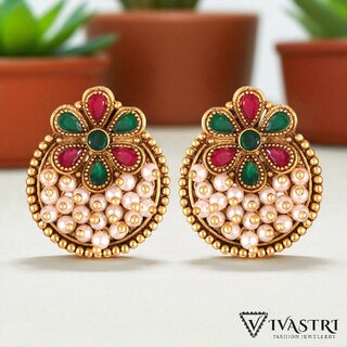                       Vivastri Traditional Alloy Pearl Gold Plated Stud Earrings for Women & Girls [VIVA2569ERG-MULTI]                                              