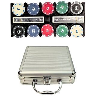                       Silver Case Poker Set - Premium Case Includes 100 Casino Size Poker Chips, 2 Card Decks  5 Dice                                              